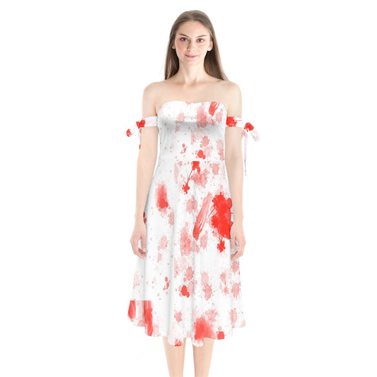 blood spatter Shoulder Tie Bardot Midi Dress
