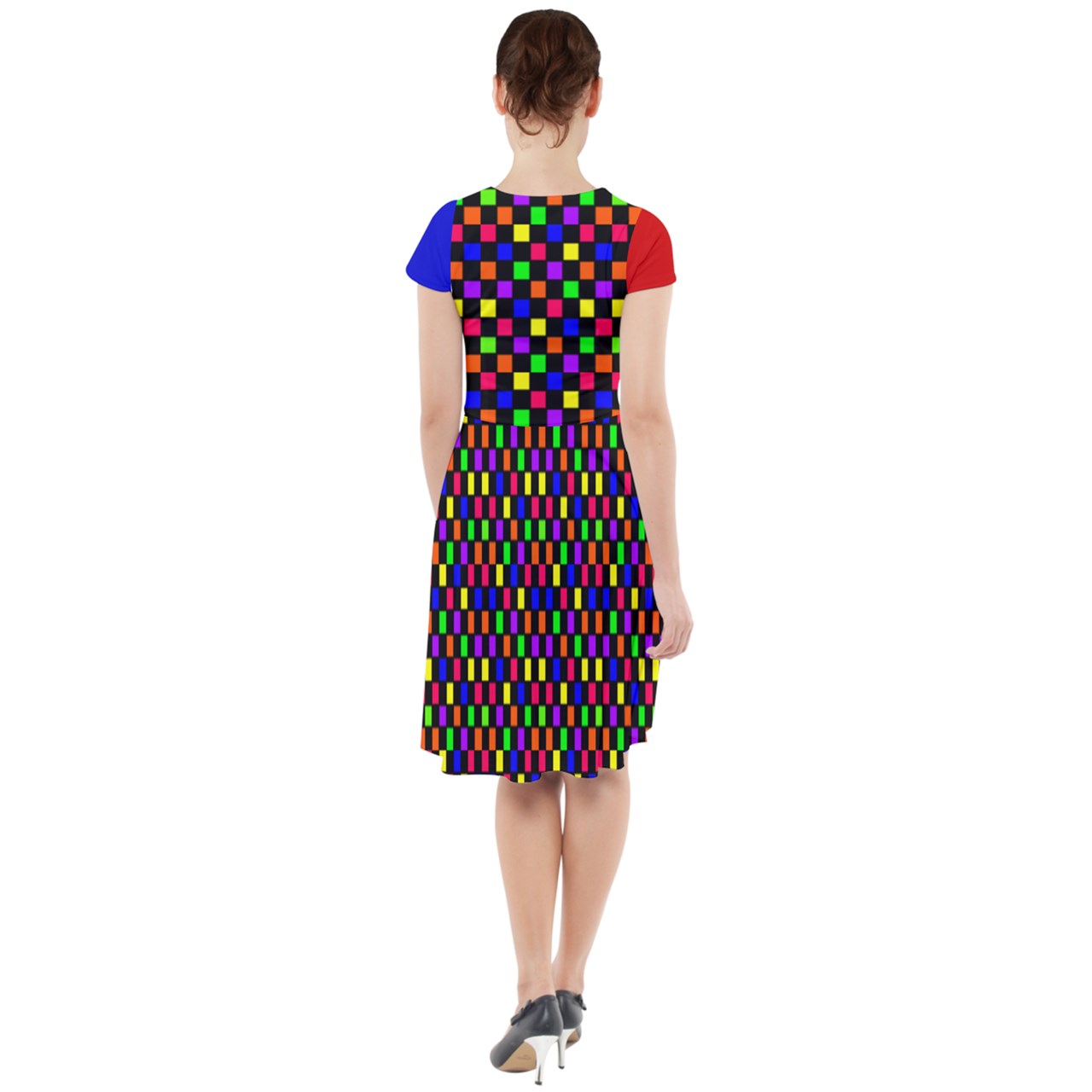 complex rainbow color block Cap Sleeve Midi Dress
