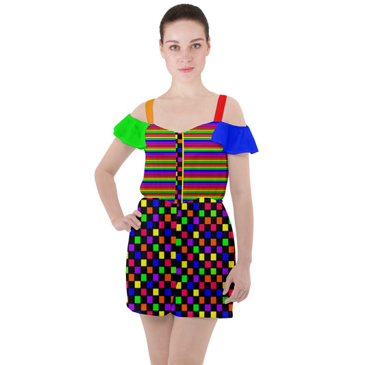 complex rainbow pattern block Ruffle Cut Out Chiffon Playsuit