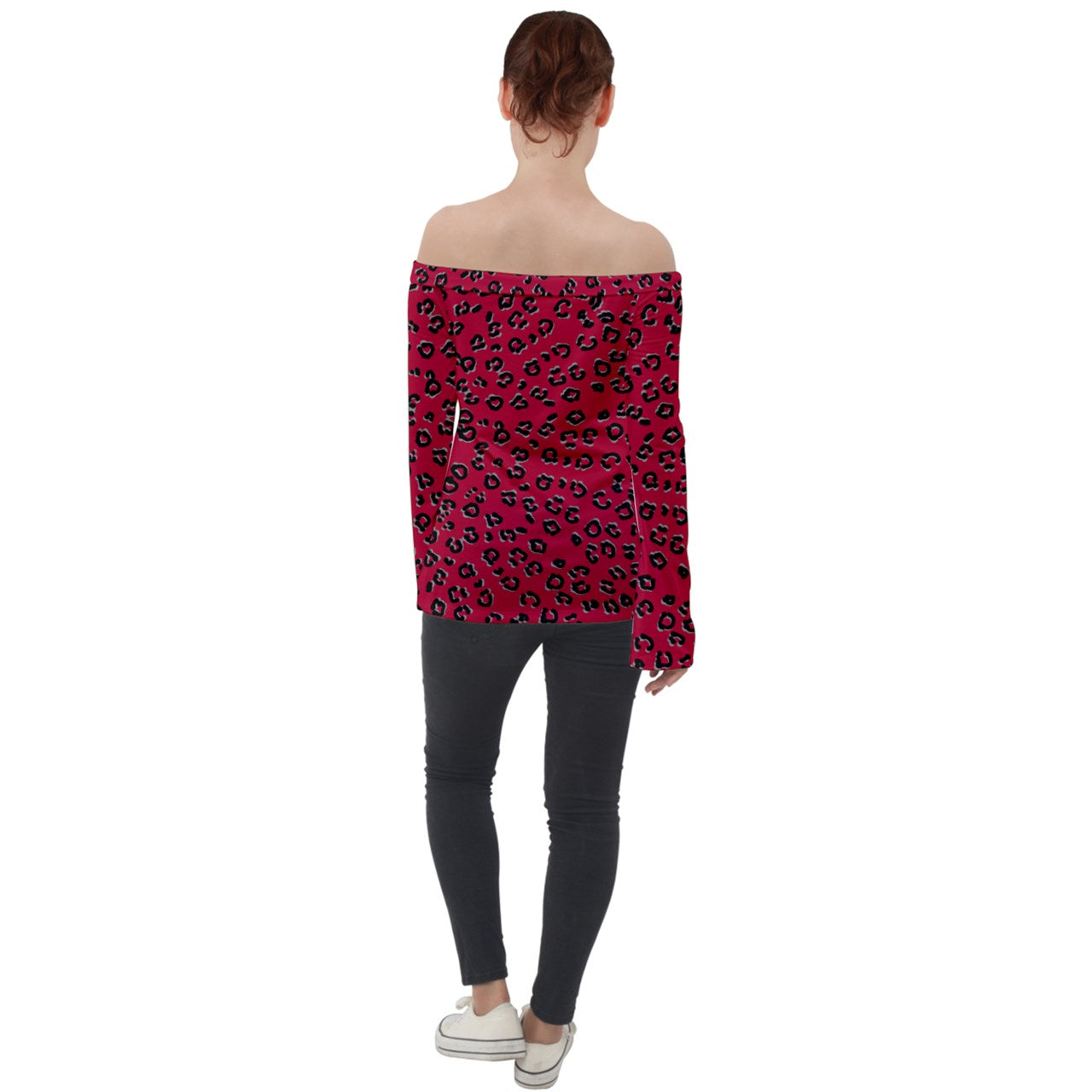 Red Cheetah Off Shoulder Long Sleeve Top