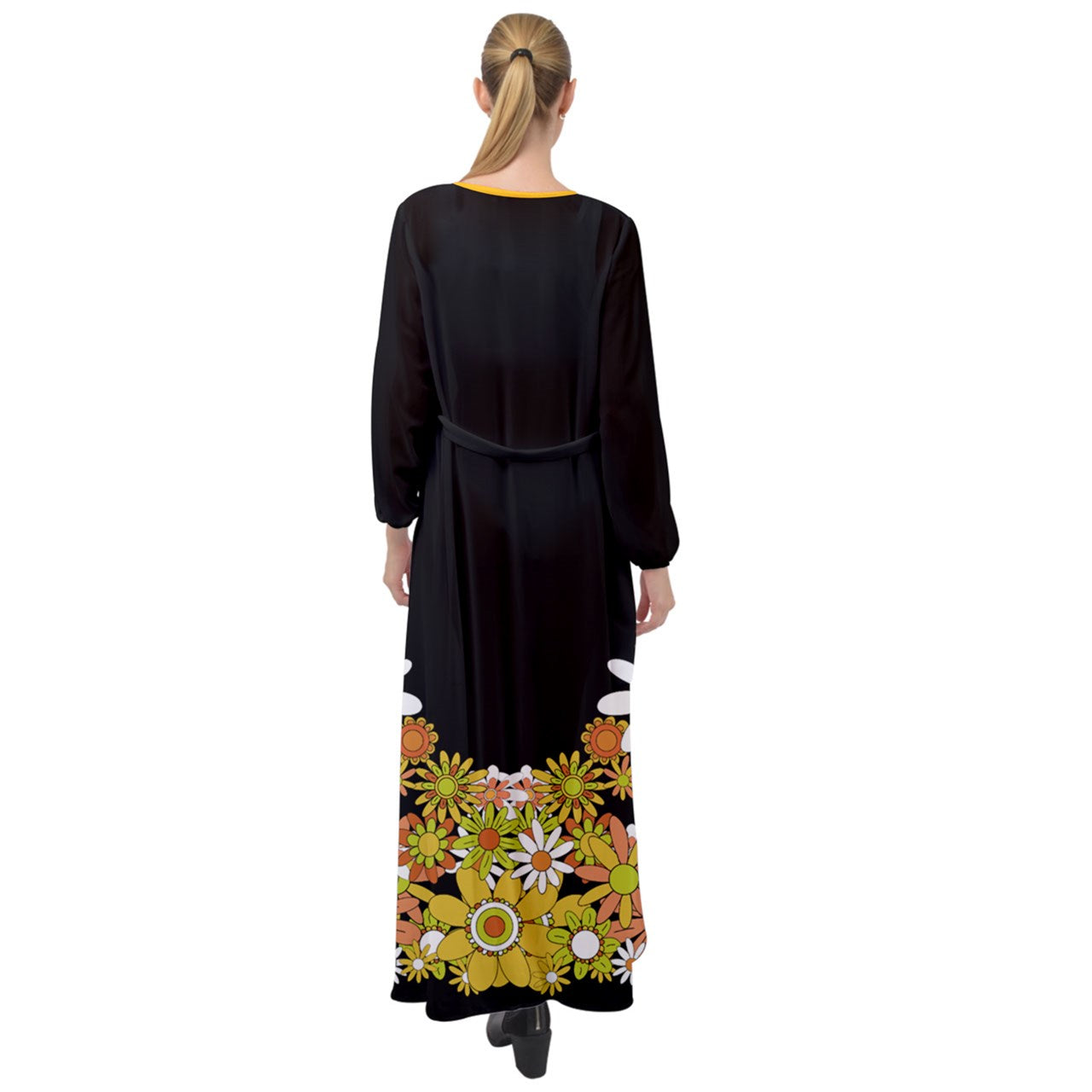 Classic Boho Flowers Dip Style Maxi Chiffon Beach Robe