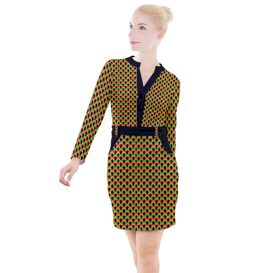 Indigo Rainbow Button Long Sleeve Dress