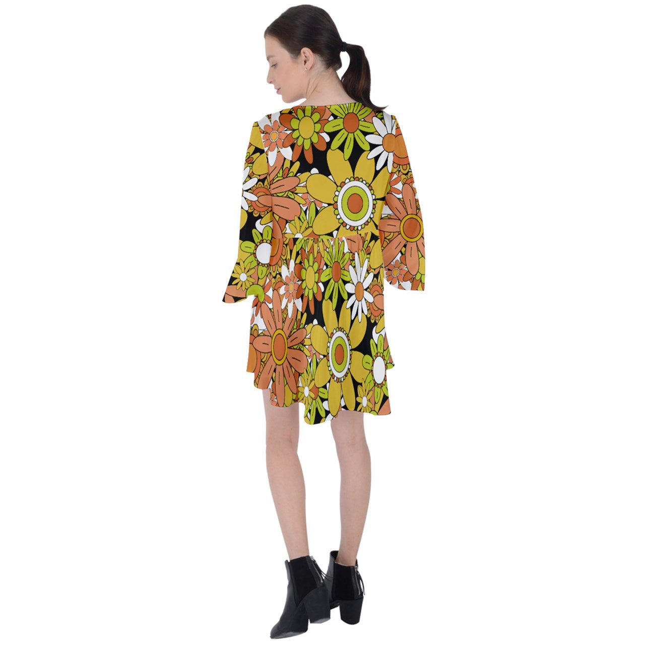 Classic Boho Flowers V-Neck Flare Sleeve Mini Dress