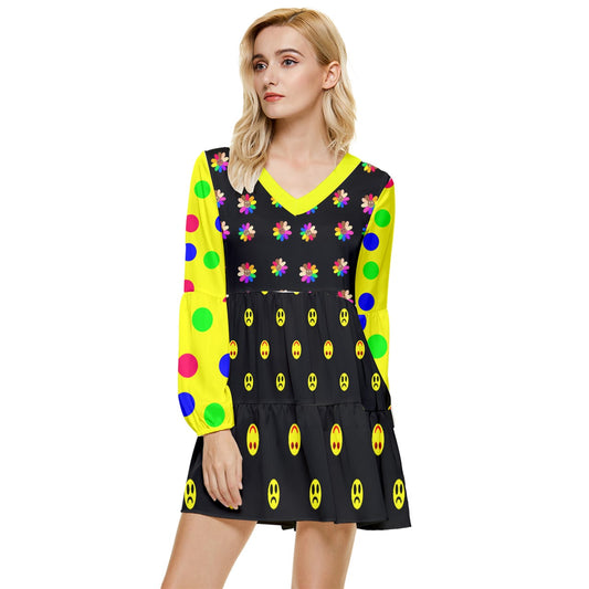 Twisted Smiley dark Tiered Long Sleeve Mini Dress