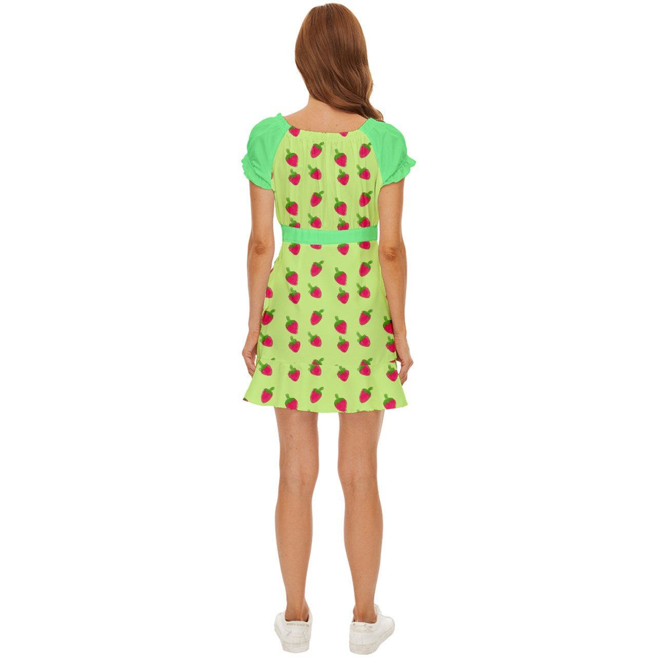 Watercolor Strawberries Puff Sleeve Frill Dress