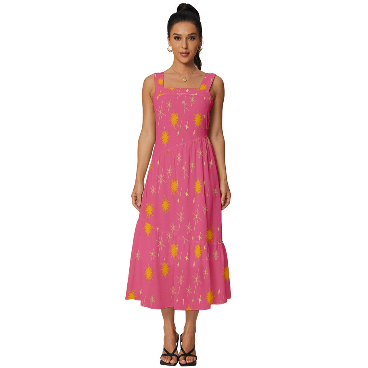 Pink Whimsy Square Neck Tiered Midi Dress