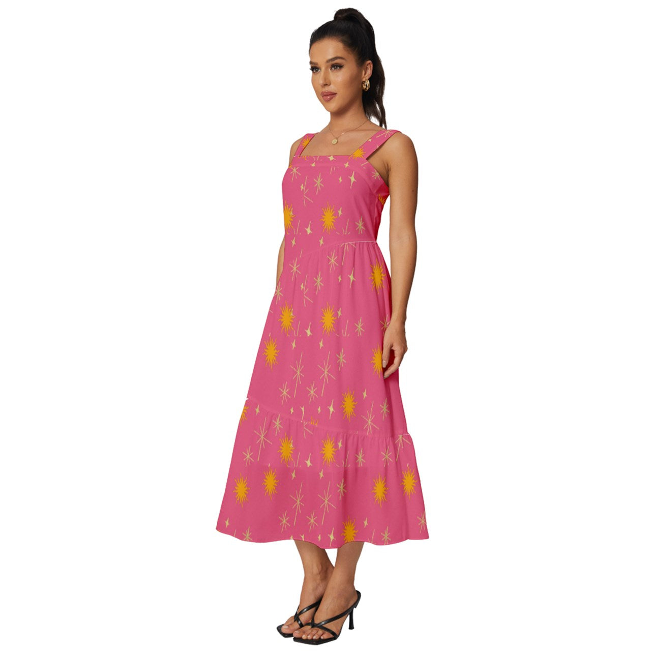 Pink Whimsy Square Neck Tiered Midi Dress