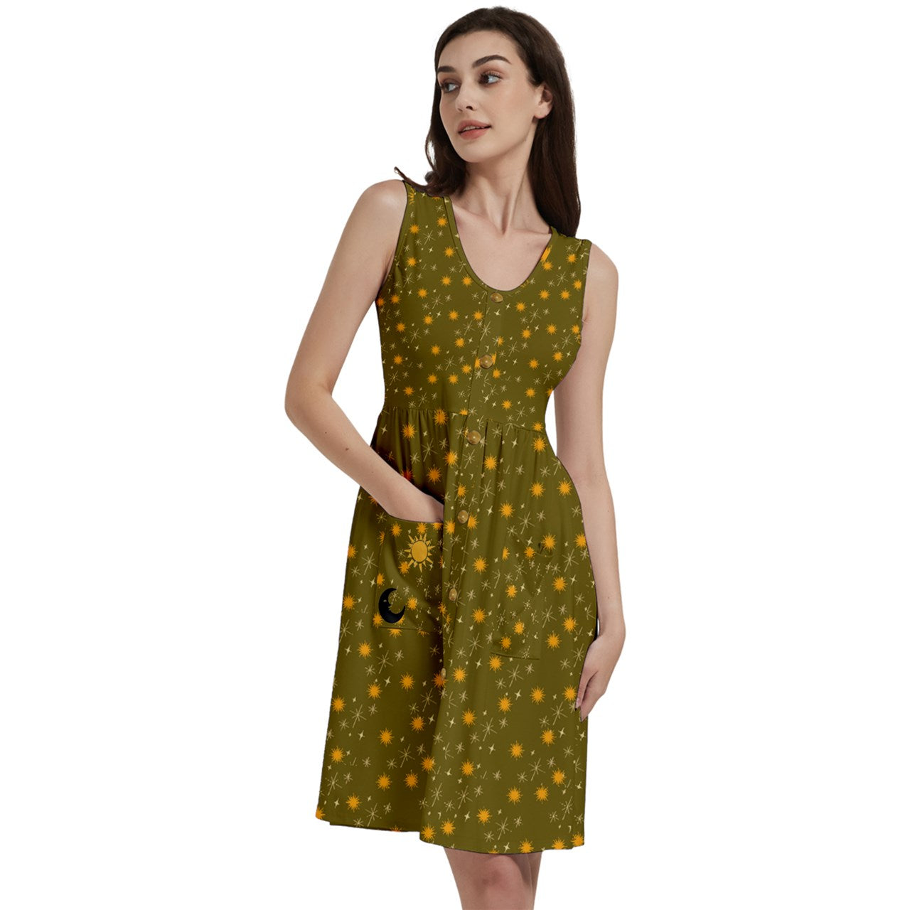 Green Whimsy Button Dress With Pocket
