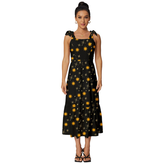 Black Whimsy Tie-Strap Tiered Midi Chiffon Dress