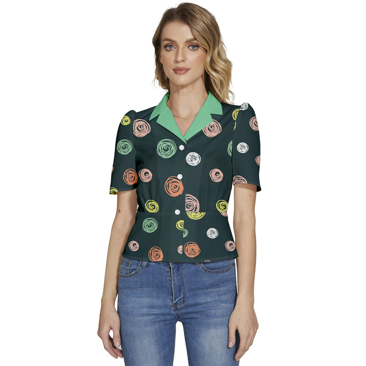 Mint Milk Puffed Short Sleeve Button Up Jacket