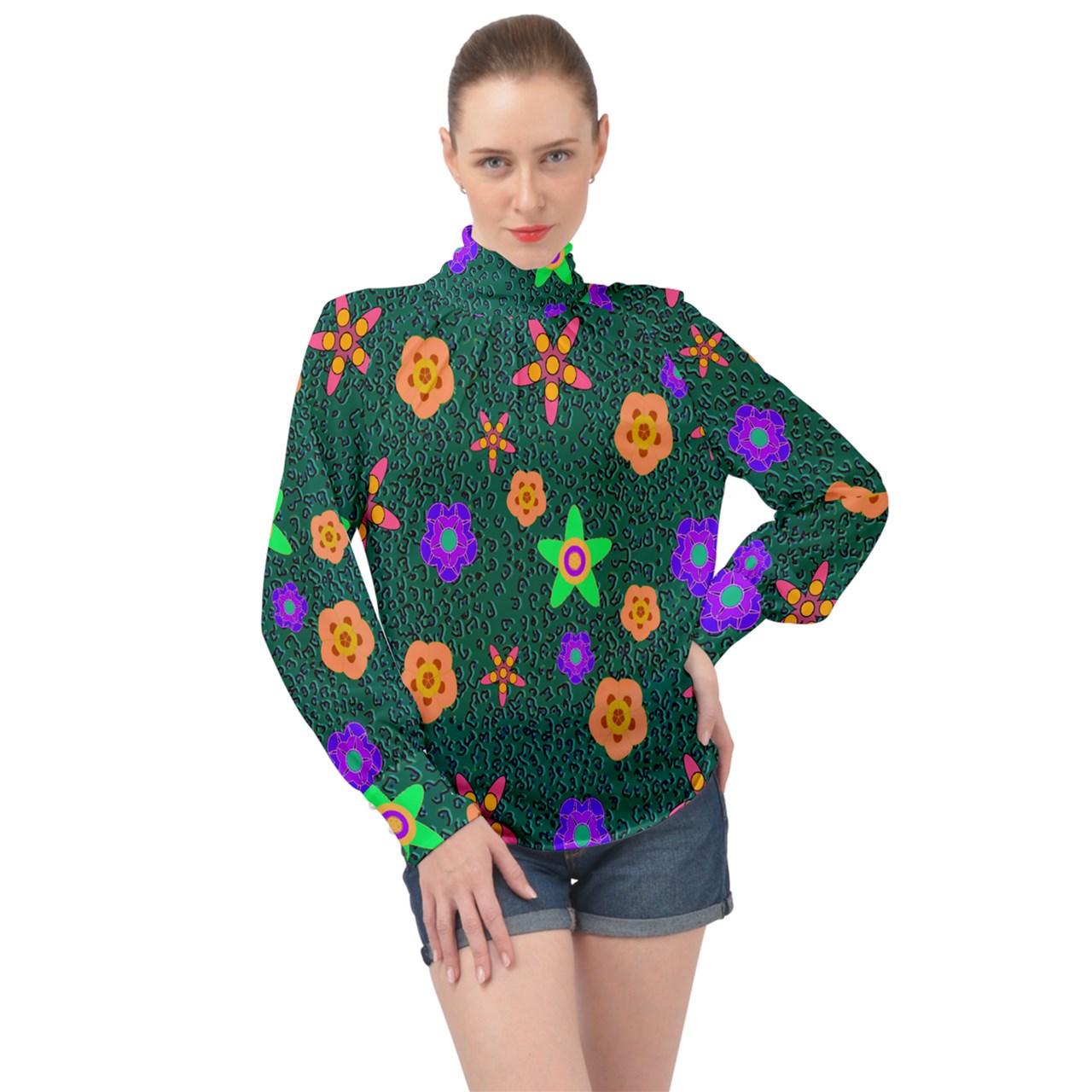 Cheeta Floral High Neck Long Sleeve Chiffon Top