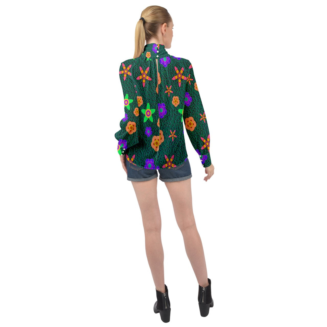 Cheeta Floral High Neck Long Sleeve Chiffon Top