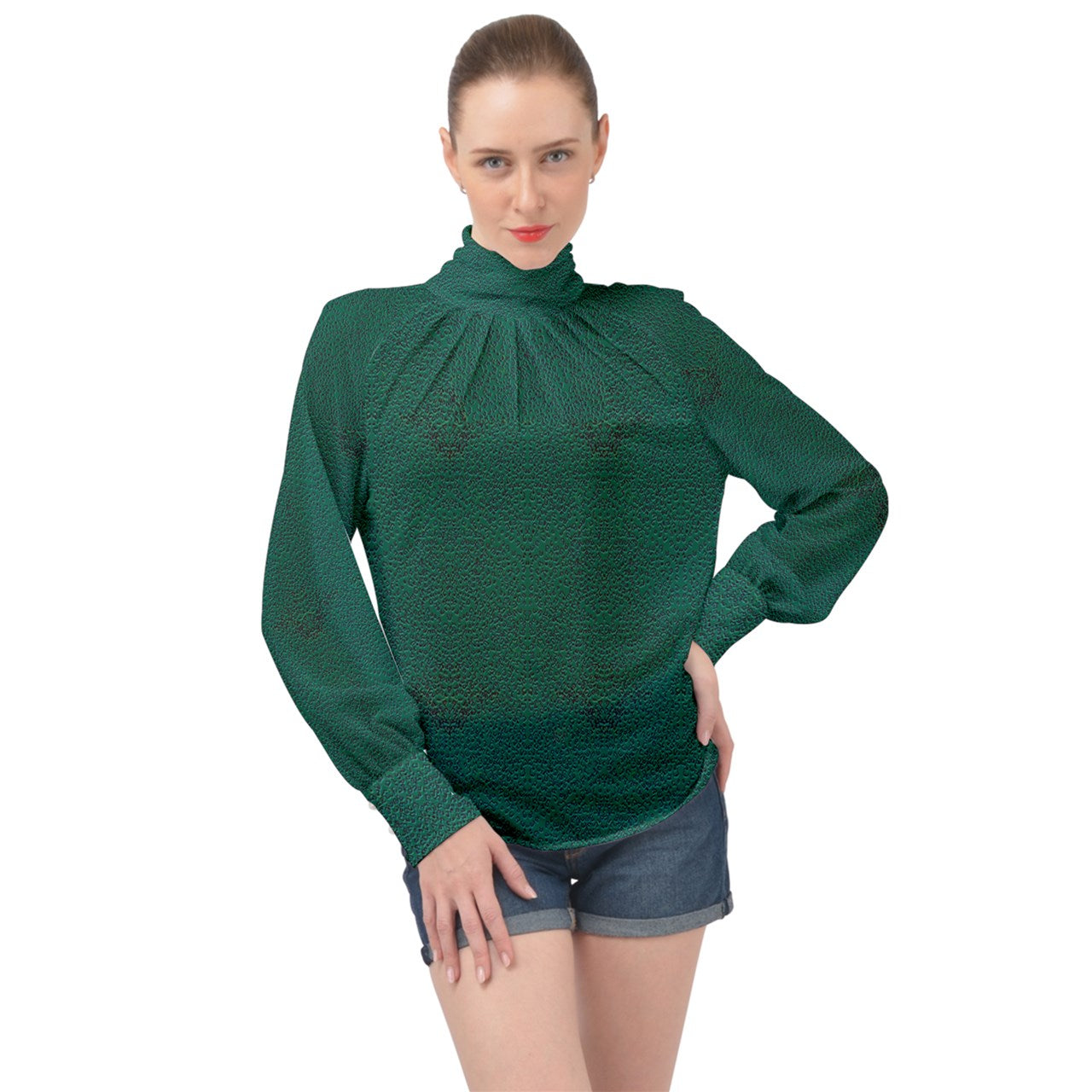 greencheeta High Neck Long Sleeve Chiffon Top