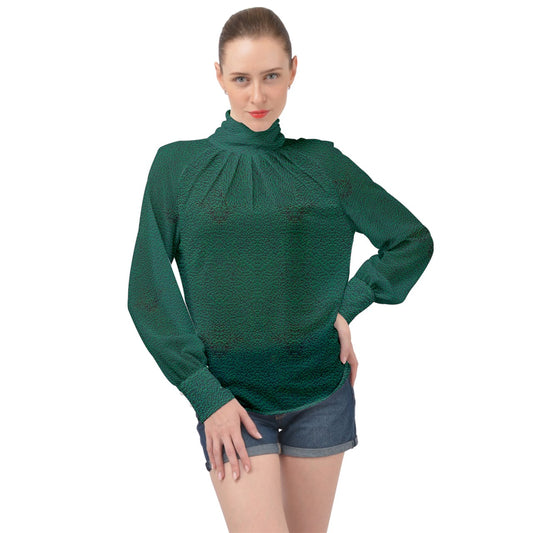 greencheeta High Neck Long Sleeve Chiffon Top