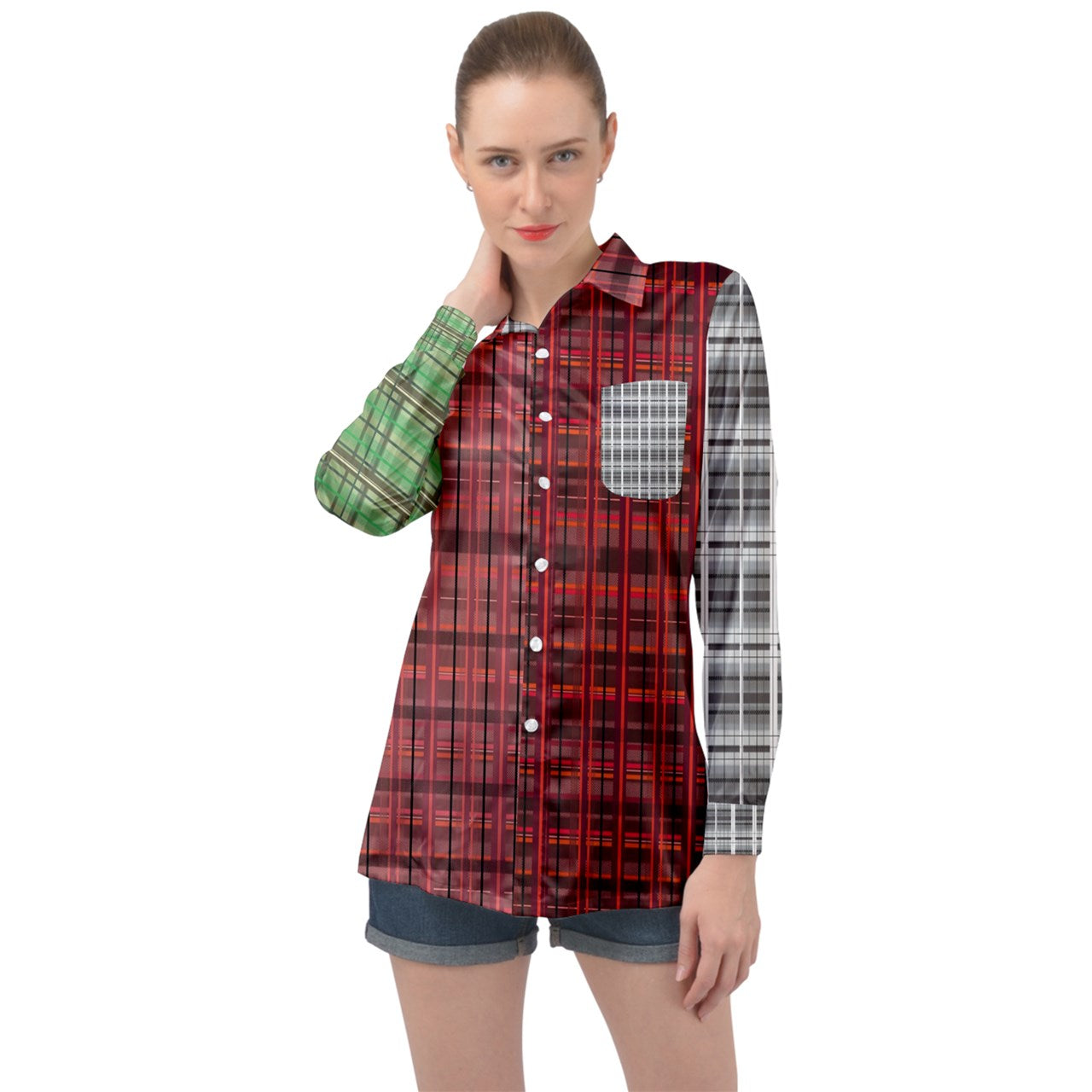 academia plaid color blocking Long Sleeve Satin Shirt