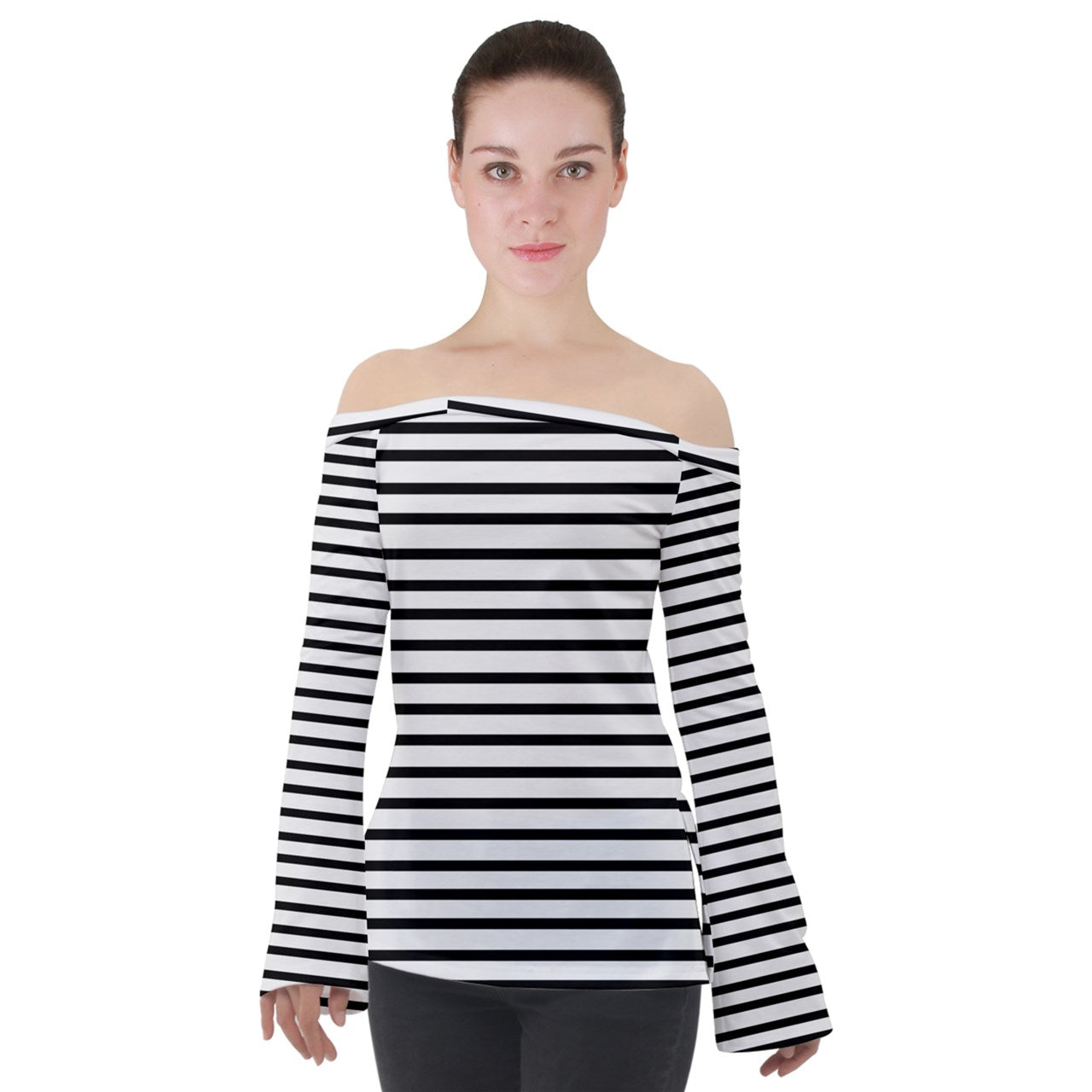 white stripes Off Shoulder Long Sleeve Top