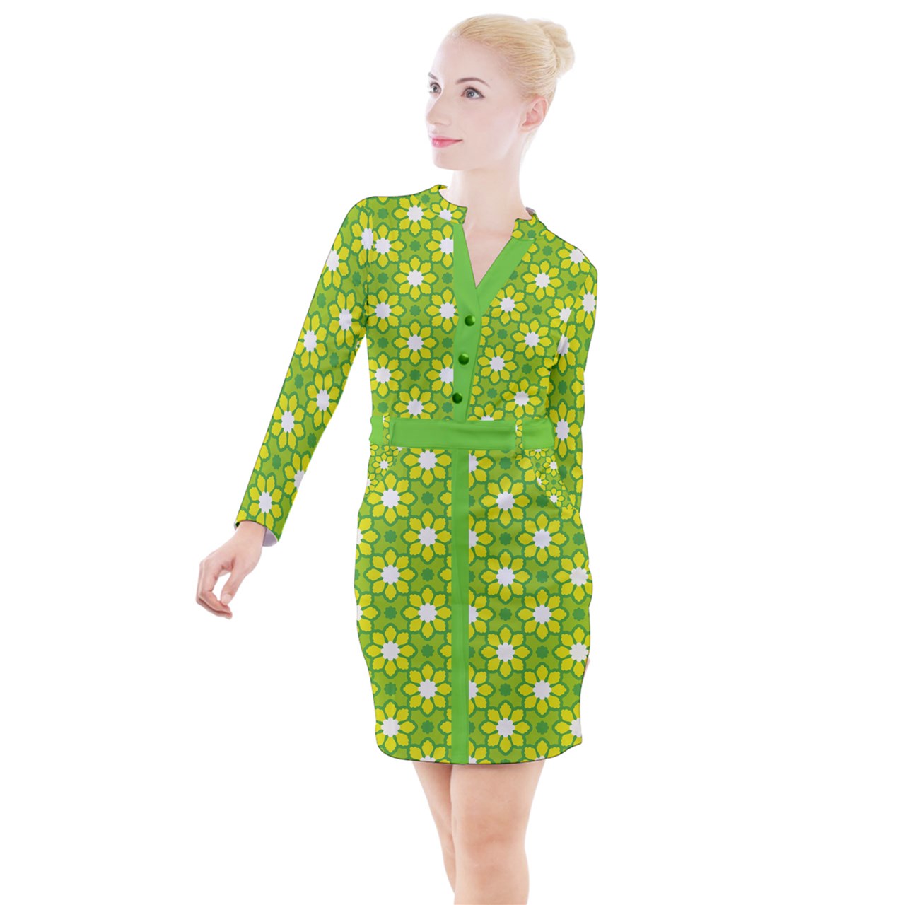 flower power mod Button Long Sleeve Dress