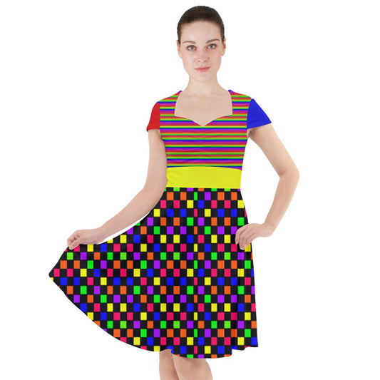 complex rainbow color block Cap Sleeve Midi Dress