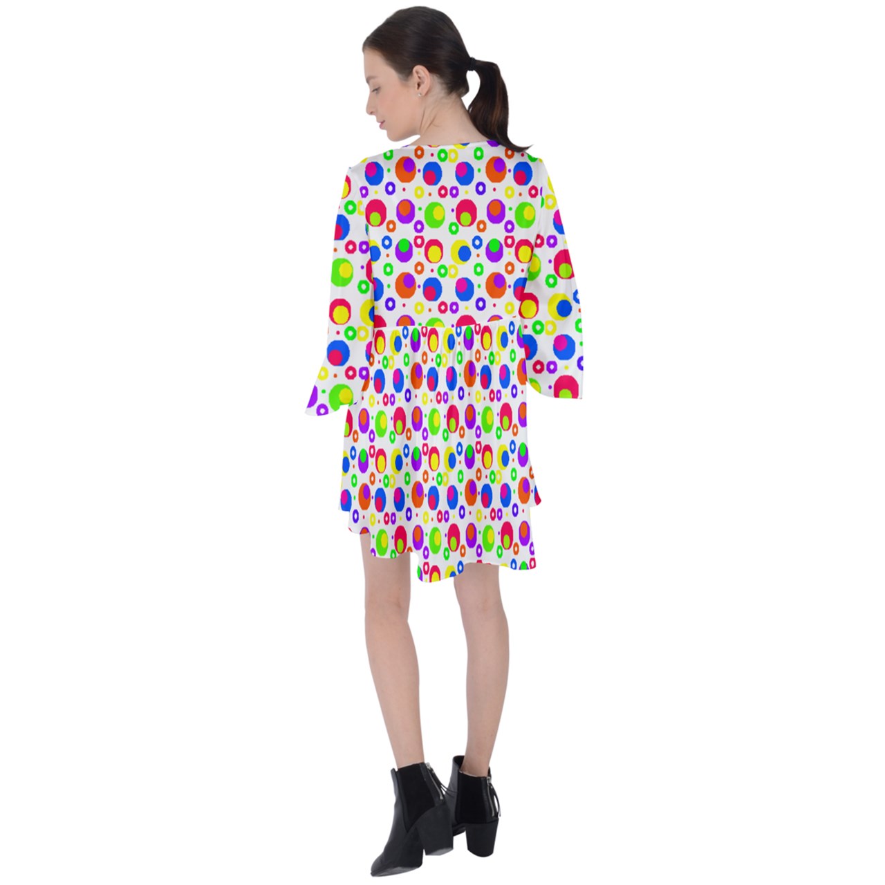 complex rainbow dot V-Neck Flare Sleeve Mini Dress