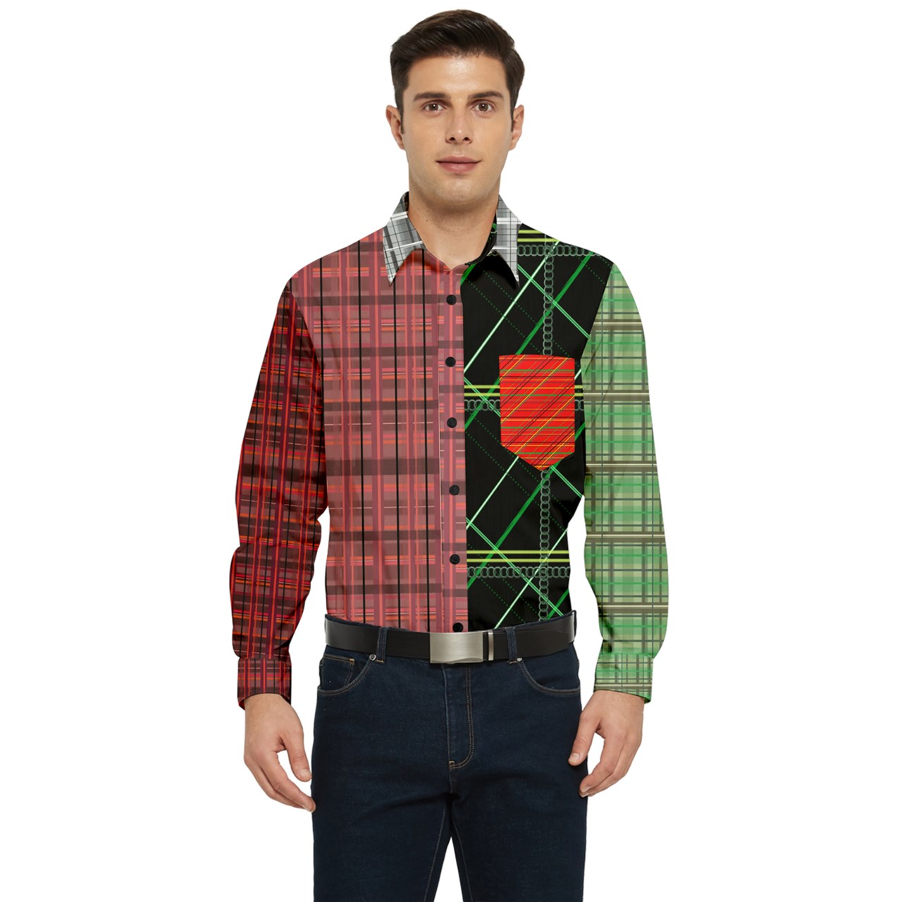 academia plaid pattern block Long Sleeve Pocket Shirt