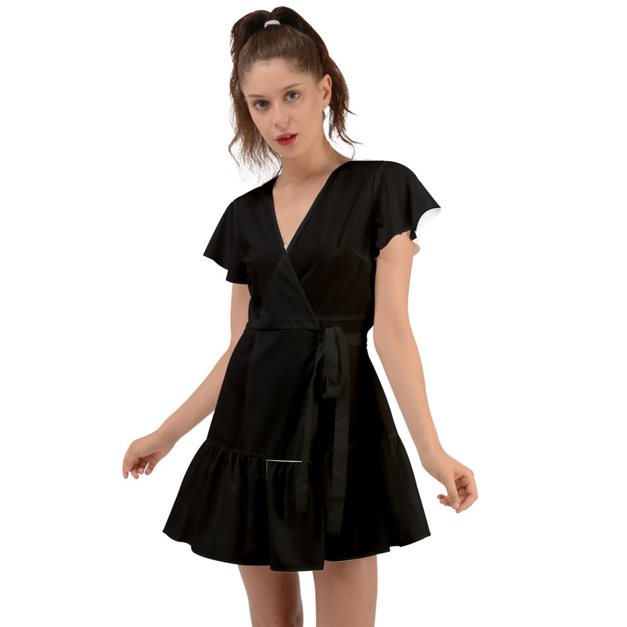 all black Flutter Sleeve Wrap Dress