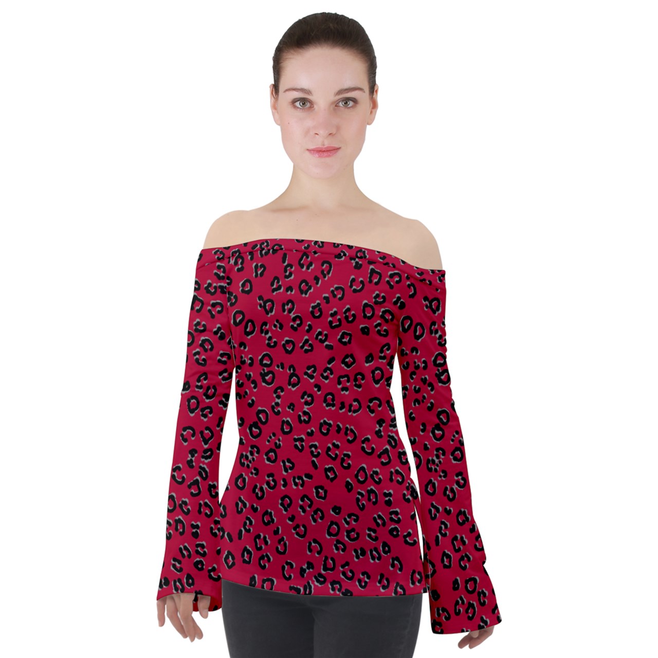 Red Cheetah Off Shoulder Long Sleeve Top