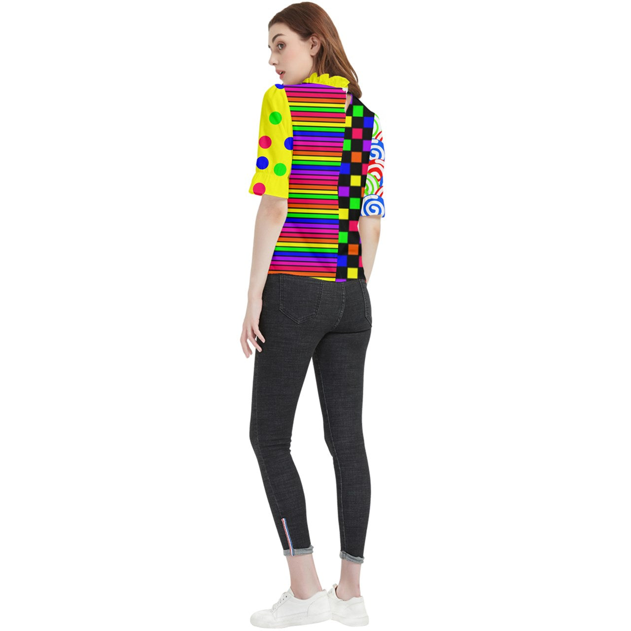 Clowncore Pattern Block Frill Neck Blouse