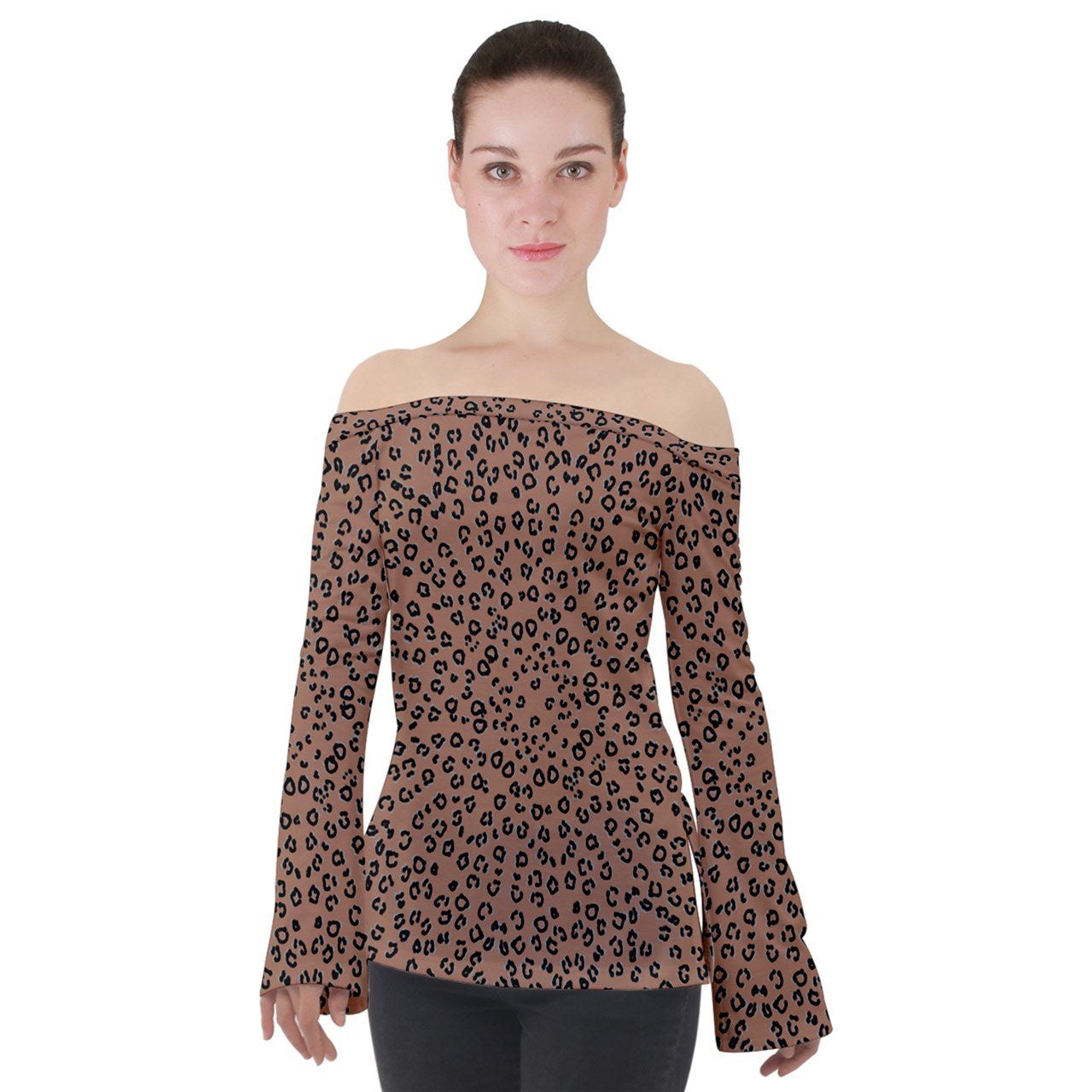 brown cheetah Off Shoulder Long Sleeve Top