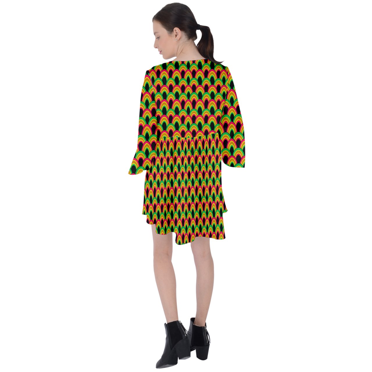 Indigo Rainbow V-Neck Flare Sleeve Mini Dress