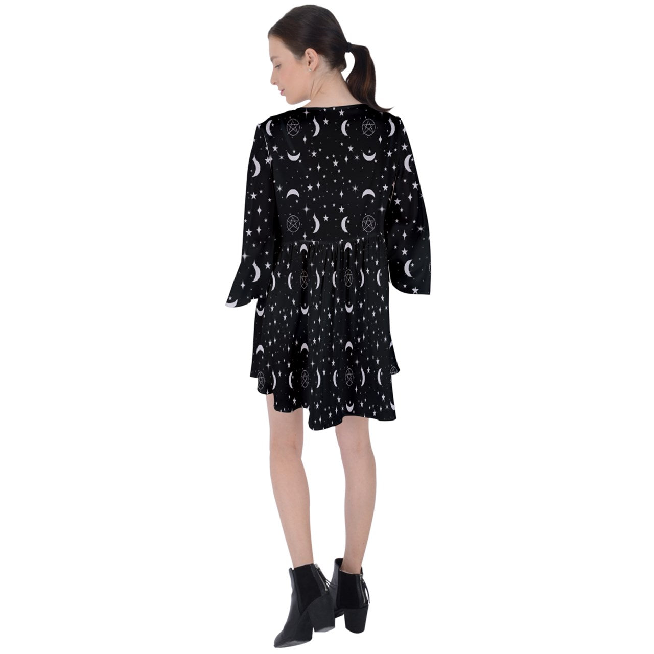 Crescent Pentacle V-Neck Flare Sleeve Mini Dress