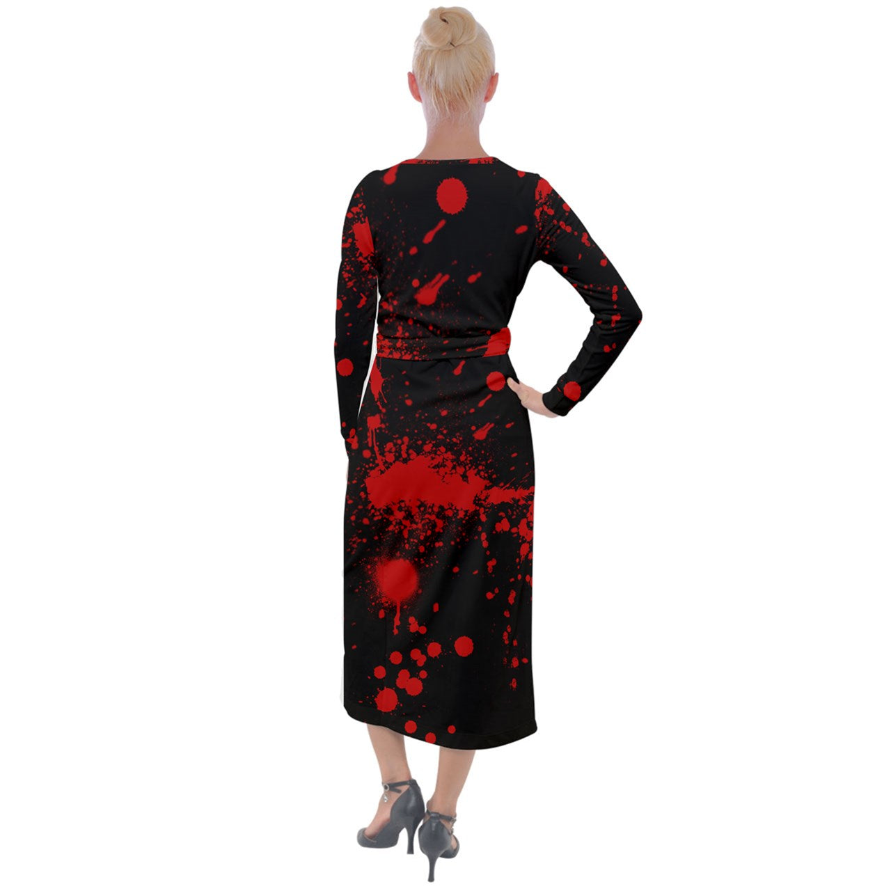Black Blood Spatter Velvet Maxi Wrap Dress