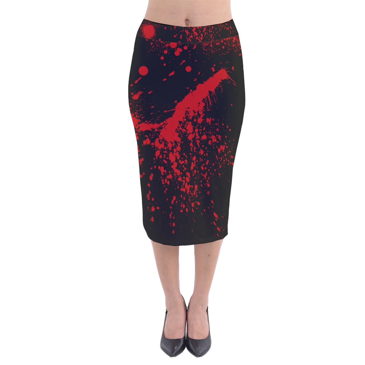 Black Blood Spatter Velvet Midi Pencil Skirt