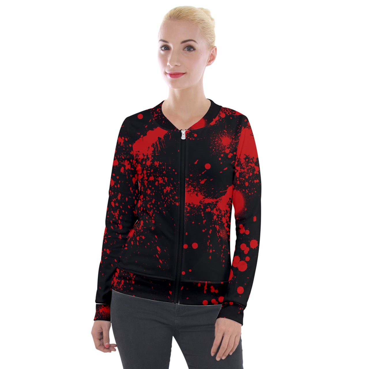 Black Blood Spatter Velvet Zip Up Jacket