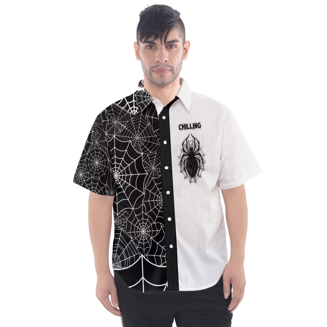 Black Web Chilling Button Short Sleeve Shirt