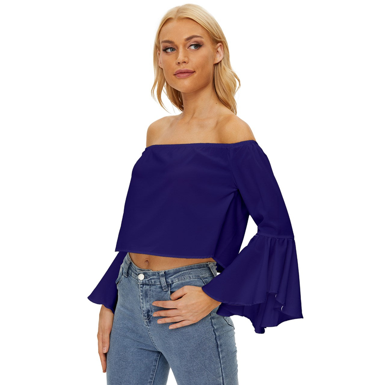 Prussian Blue Off Shoulder Flutter Bell Sleeve Top