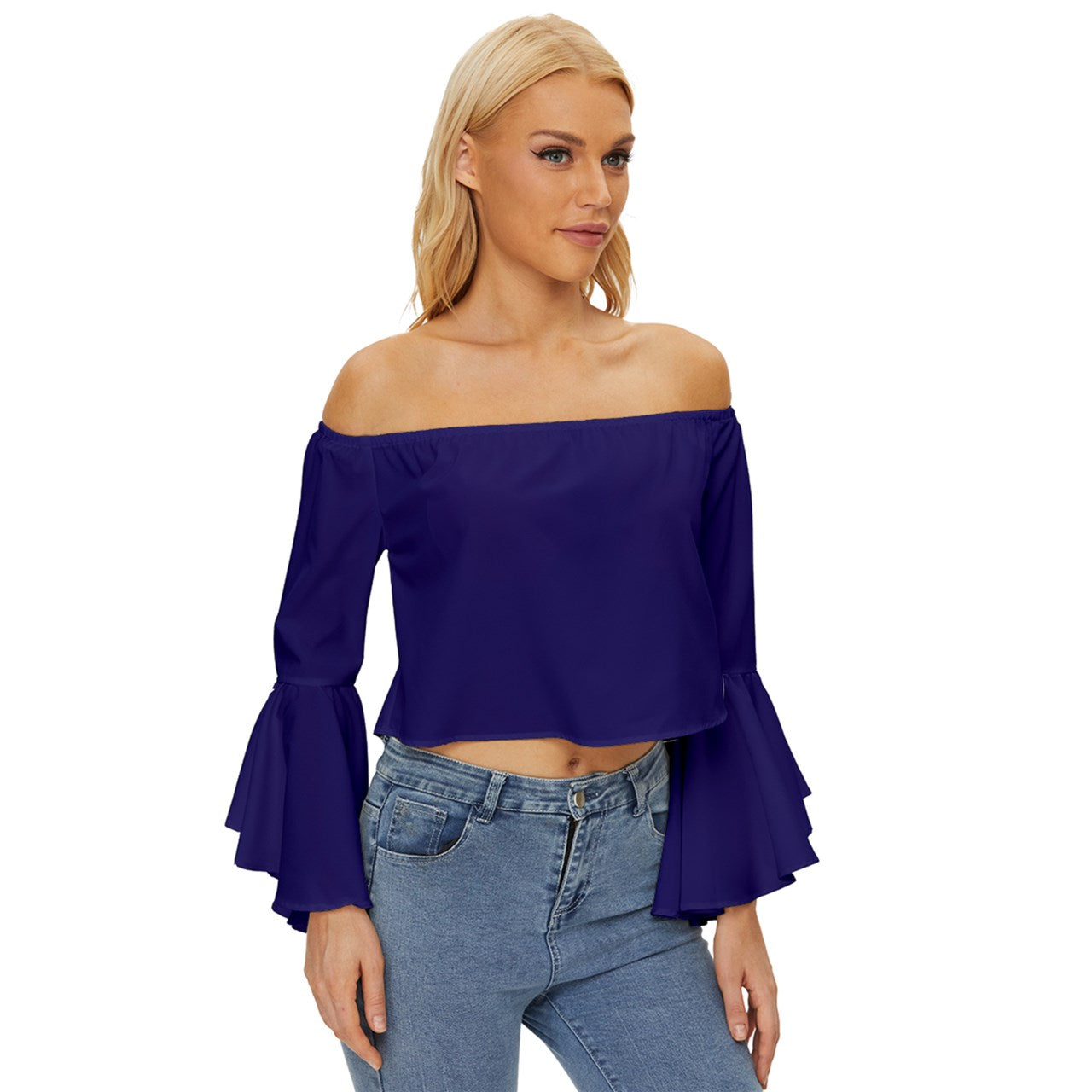 Prussian Blue Off Shoulder Flutter Bell Sleeve Top