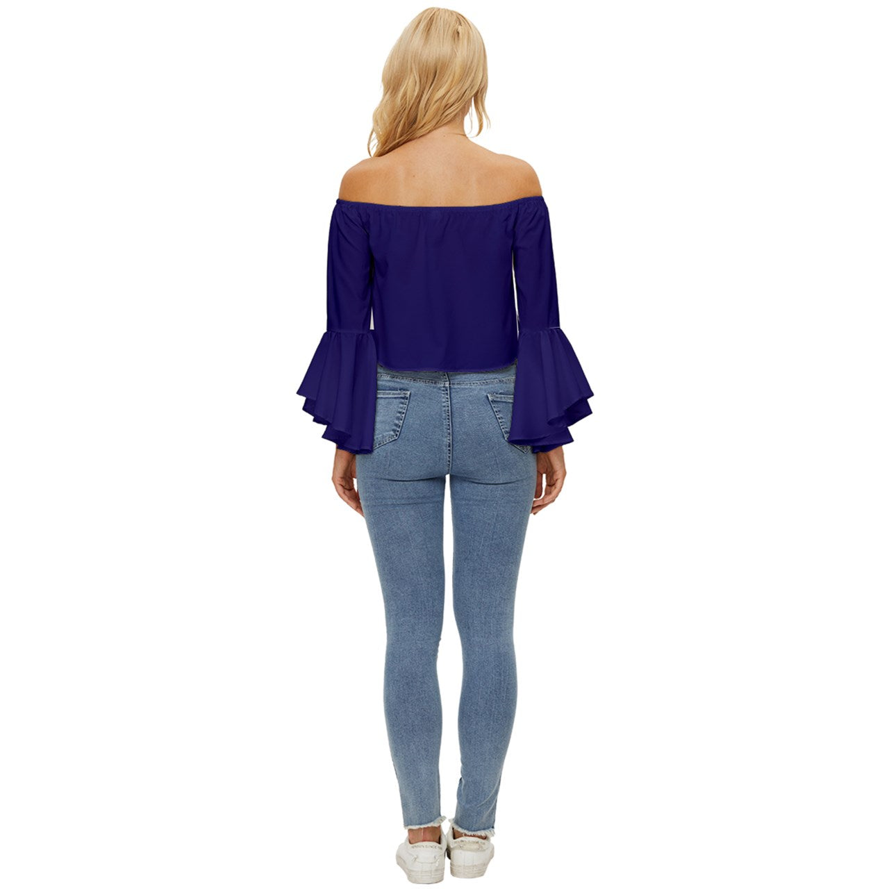 Prussian Blue Off Shoulder Flutter Bell Sleeve Top