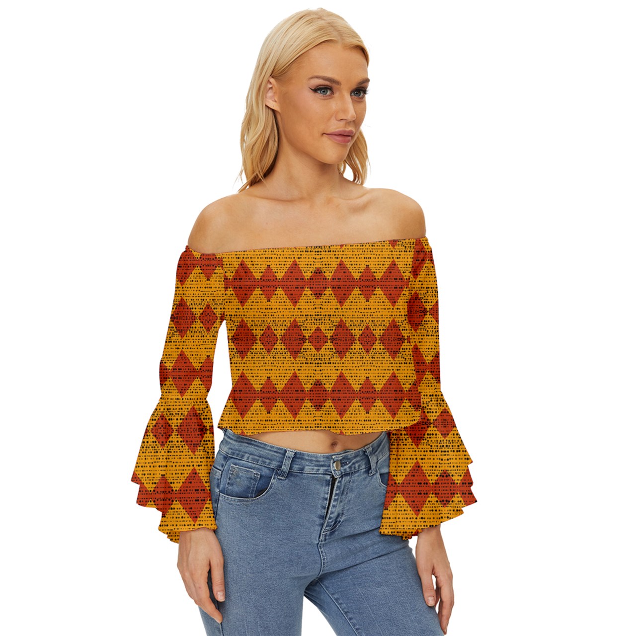Red Knight Spots Off Shoulder Flutter Bell Sleeve Top