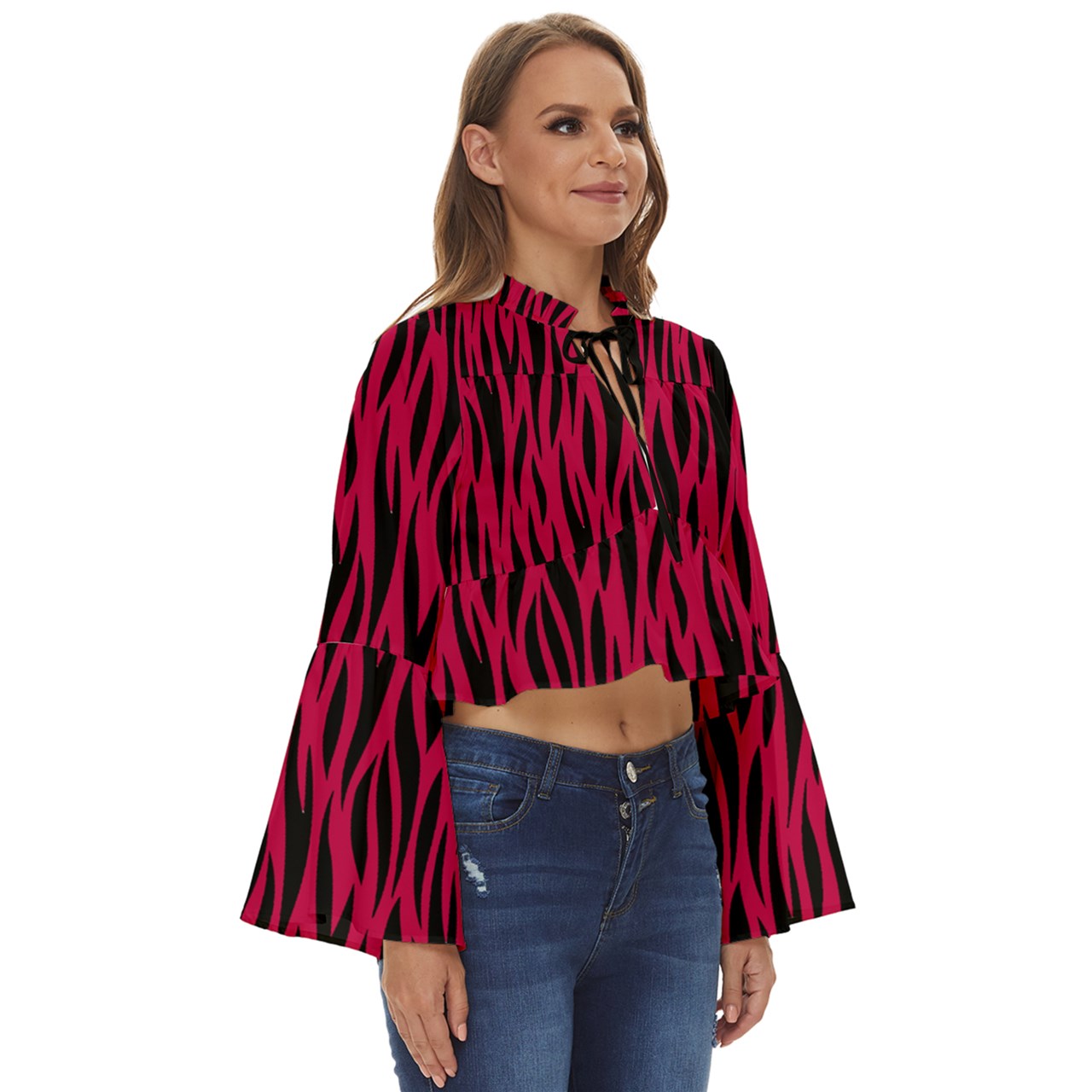 Cherry Zebra  Boho Long Bell Sleeve Top