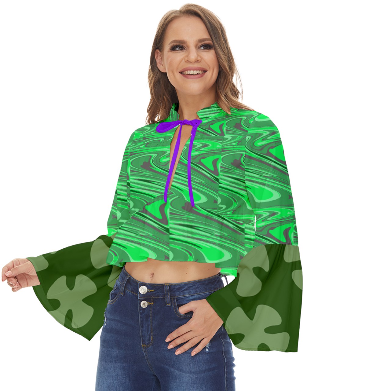 Green Swirly Boho Long Bell Sleeve Top