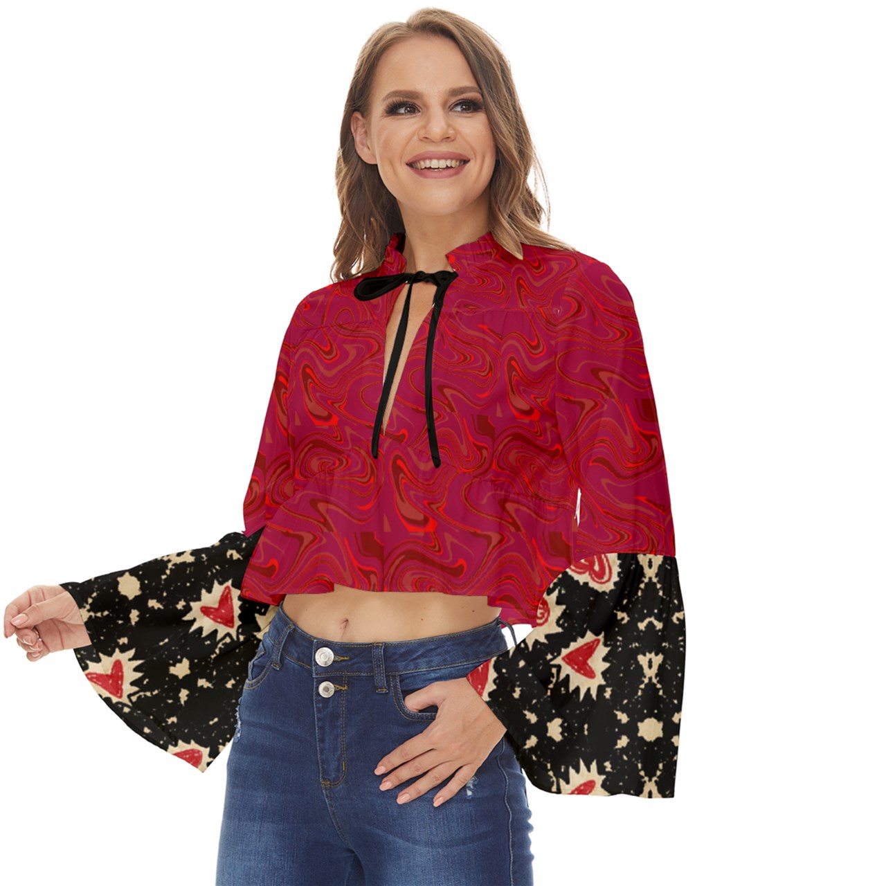 Red Swirly Boho Long Bell Sleeve Top