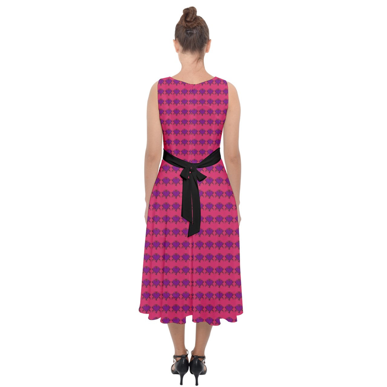 Fuchia Lace Tile Black Belt Tie-Back Chiffon Dress