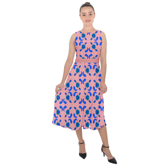 Blue Summer Paisley Peach Belt Tie-Back Chiffon Dress