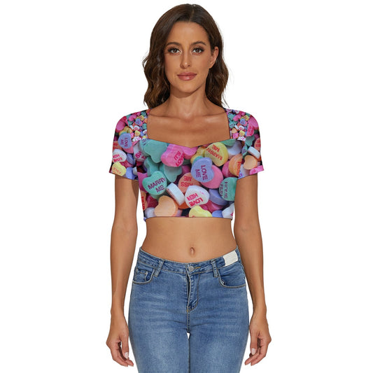 Candy Hearts Short Sleeve Square Neckline Crop Top